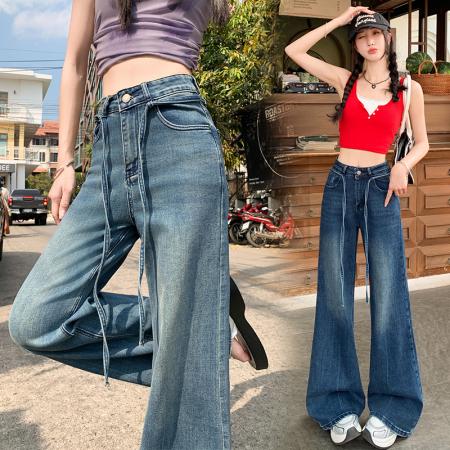 FA56381# 好质量四面弹微喇牛仔裤女春高腰抽绳宽松喇叭裤拖地 服裝批發女裝批發服飾貨源