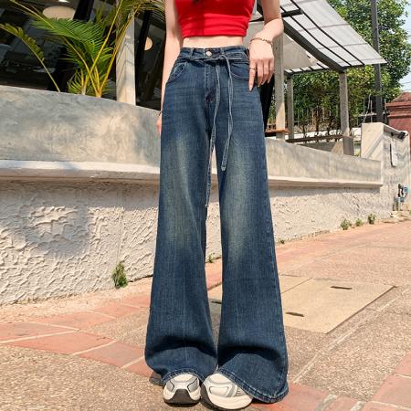 FA56381# 好质量四面弹微喇牛仔裤女春高腰抽绳宽松喇叭裤拖地 服裝批發女裝批發服飾貨源