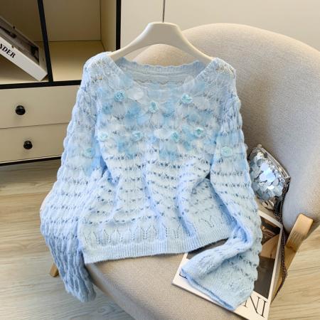 FA56383# 春款绝美千金风立体花朵装饰长袖毛衣女少女感减龄设计上衣 服裝批發女裝批發服飾貨源