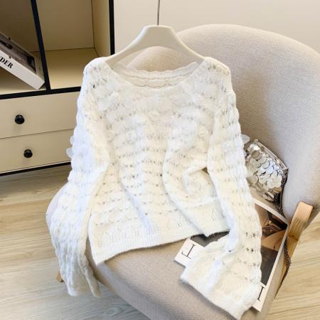 FA56383# 春款绝美千金风立体花朵装饰长袖毛衣女少女感减龄设计上衣 服裝批發女裝批發服飾貨源