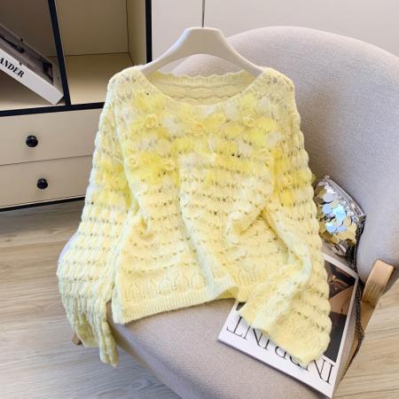 FA56383# 春款绝美千金风立体花朵装饰长袖毛衣女少女感减龄设计上衣 服裝批發女裝批發服飾貨源