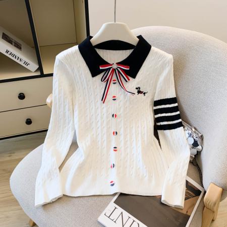 FA56384# 轻奢香风蝴蝶结翻领套头针织衫女春秋小狗刺绣四杠长袖POLO衫上衣 服裝批發女裝批發服飾貨源