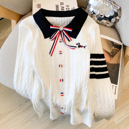 FA56384# 轻奢香风蝴蝶结翻领套头针织衫女春秋小狗刺绣四杠长袖POLO衫上衣 服裝批發女裝批發服飾貨源