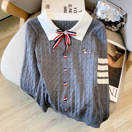 FA56384# 轻奢香风蝴蝶结翻领套头针织衫女春秋小狗刺绣四杠长袖POLO衫上衣 服裝批發女裝批發服飾貨源