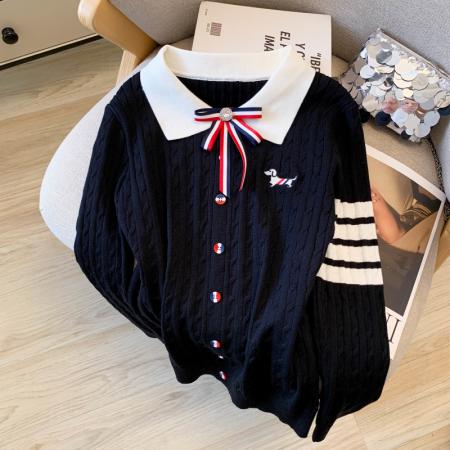 FA56384# 轻奢香风蝴蝶结翻领套头针织衫女春秋小狗刺绣四杠长袖POLO衫上衣 服裝批發女裝批發服飾貨源