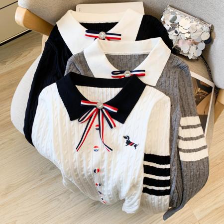 FA56384# 轻奢香风蝴蝶结翻领套头针织衫女春秋小狗刺绣四杠长袖POLO衫上衣 服裝批發女裝批發服飾貨源