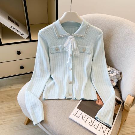 FA56385# 春款小香风法式长袖翻领针织衫女重工钉珠蝴蝶结洋气上衣开衫 服裝批發女裝批發服飾貨源