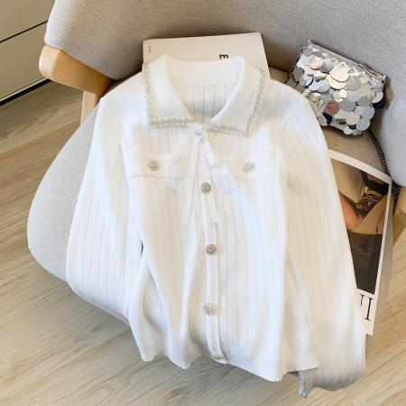 FA56385# 春款小香风法式长袖翻领针织衫女重工钉珠蝴蝶结洋气上衣开衫 服裝批發女裝批發服飾貨源