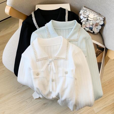 FA56385# 春款小香风法式长袖翻领针织衫女重工钉珠蝴蝶结洋气上衣开衫 服裝批發女裝批發服飾貨源