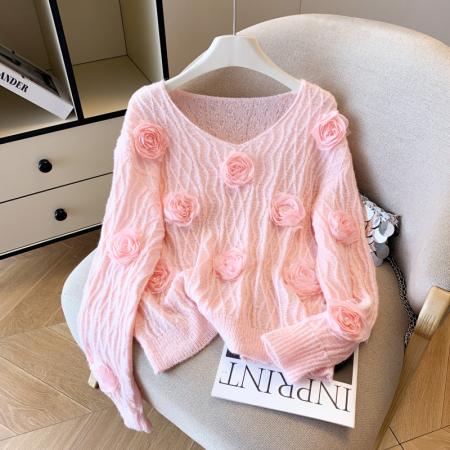 FA56386# 春款甜美气质优雅绝美花朵针织毛衣女设计感宽松仙气漂亮上衣 服裝批發女裝批發服飾貨源