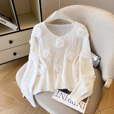 FA56386# 春款甜美气质优雅绝美花朵针织毛衣女设计感宽松仙气漂亮上衣 服裝批發女裝批發服飾貨源