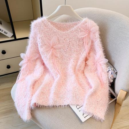 FA56387# 春款仿水貂绒软糯V领套头针织毛衣女法式设计感钉珠花朵上衣 服裝批發女裝批發服飾貨源