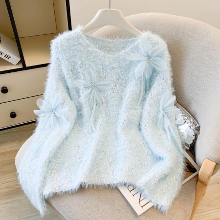 FA56387# 春款仿水貂绒软糯V领套头针织毛衣女法式设计感钉珠花朵上衣 服裝批發女裝批發服飾貨源