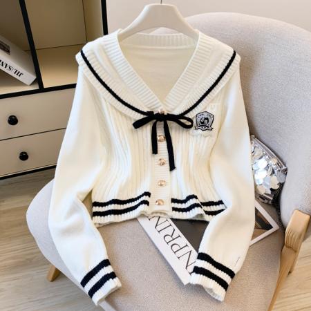 FA56388# 春款学院风海军领撞色长袖毛衣女开衫蝴蝶结灰色针织衫上衣 服裝批發女裝批發服飾貨源