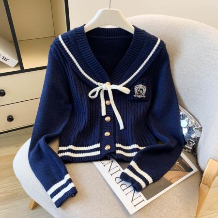 FA56388# 春款学院风海军领撞色长袖毛衣女开衫蝴蝶结灰色针织衫上衣 服裝批發女裝批發服飾貨源