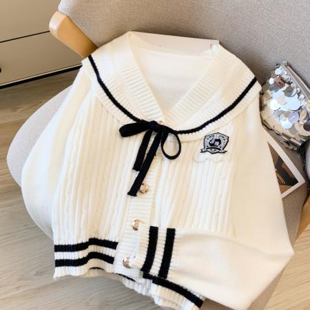 FA56388# 春款学院风海军领撞色长袖毛衣女开衫蝴蝶结灰色针织衫上衣 服裝批發女裝批發服飾貨源