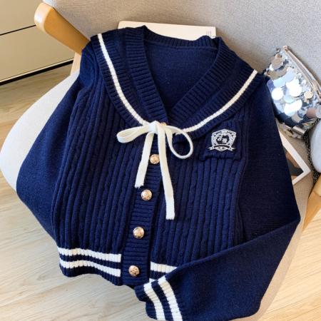 FA56388# 春款学院风海军领撞色长袖毛衣女开衫蝴蝶结灰色针织衫上衣 服裝批發女裝批發服飾貨源