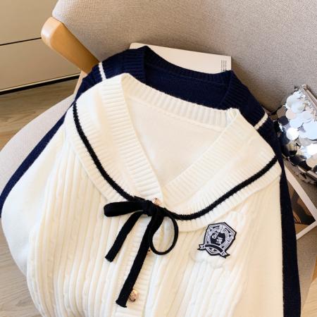 FA56388# 春款学院风海军领撞色长袖毛衣女开衫蝴蝶结灰色针织衫上衣 服裝批發女裝批發服飾貨源