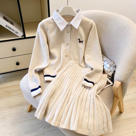 FA56389# 春款韩系学院风假两件上衣女针织开衫拼接条纹衬衫百褶裙套装 服裝批發女裝批發服飾貨源