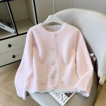 FA56390# 春季新款小香风厚外套女纯色小个子仿水貂绒针织开衫上衣 服裝批發女裝批發服飾貨源