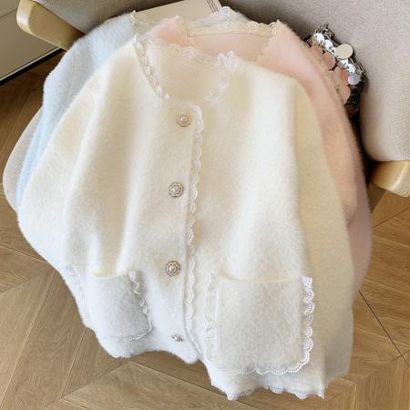 FA56390# 春季新款小香风厚外套女纯色小个子仿水貂绒针织开衫上衣 服裝批發女裝批發服飾貨源