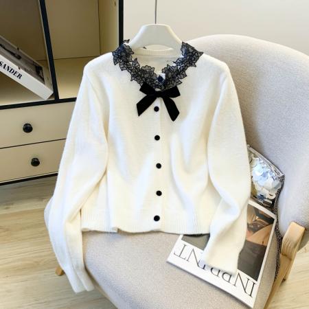 FA56391# 春款法式小香风水溶蕾丝蝴蝶结毛衣开衫女设计感别致漂亮上衣 服裝批發女裝批發服飾貨源