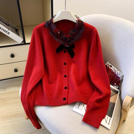 FA56391# 春款法式小香风水溶蕾丝蝴蝶结毛衣开衫女设计感别致漂亮上衣 服裝批發女裝批發服飾貨源