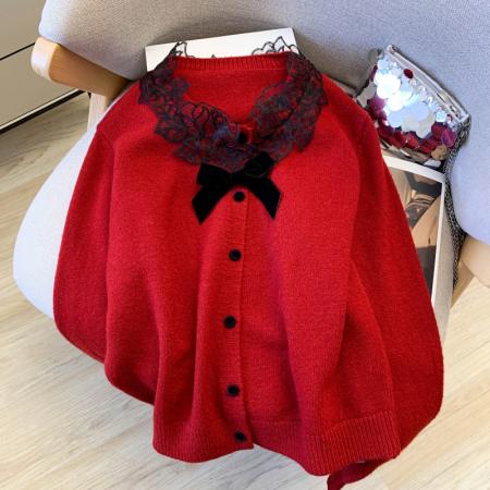 FA56391# 春款法式小香风水溶蕾丝蝴蝶结毛衣开衫女设计感别致漂亮上衣 服裝批發女裝批發服飾貨源