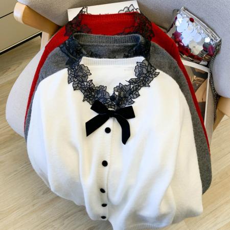 FA56391# 春款法式小香风水溶蕾丝蝴蝶结毛衣开衫女设计感别致漂亮上衣 服裝批發女裝批發服飾貨源