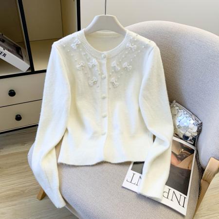 FA56392# 春款重工钉珠蝴蝶结毛衣韩系慵懒风女高级感针织开衫外套上衣 服裝批發女裝批發服飾貨源