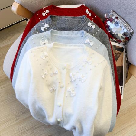 FA56392# 春款重工钉珠蝴蝶结毛衣韩系慵懒风女高级感针织开衫外套上衣 服裝批發女裝批發服飾貨源