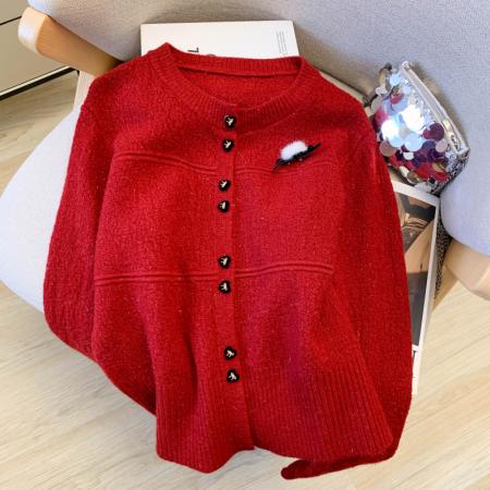 FA56393# 春季新款法式氛围穿搭红色小香风毛衣女软糯开衫外套高级感 服裝批發女裝批發服飾貨源