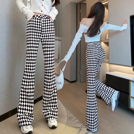 FA56394# 春款菱形格纹喇叭裤子女微喇叭高腰显瘦修身印花长裤子 服裝批發女裝批發服飾貨源