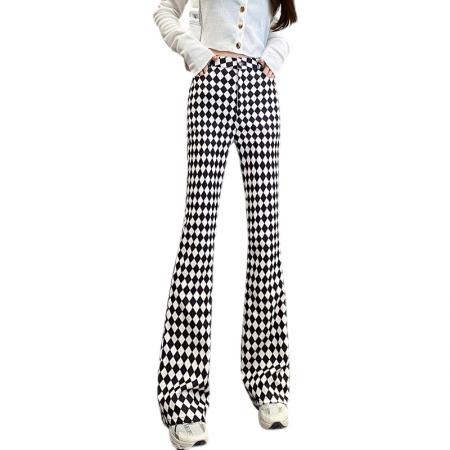 FA56394# 春款菱形格纹喇叭裤子女微喇叭高腰显瘦修身印花长裤子 服裝批發女裝批發服飾貨源