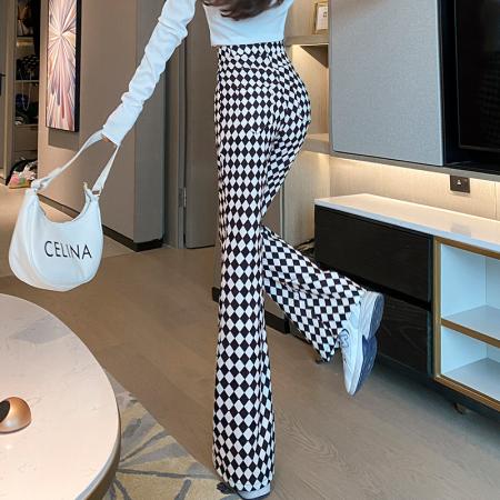 FA56394# 春款菱形格纹喇叭裤子女微喇叭高腰显瘦修身印花长裤子 服裝批發女裝批發服飾貨源