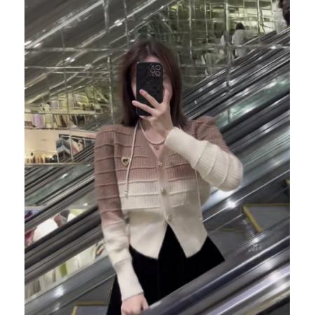 FA56396# 小香风气质v领胸针渐变色针织开衫女秋冬复古泡泡袖坑条收腰毛衣 服裝批發女裝批發服飾貨源