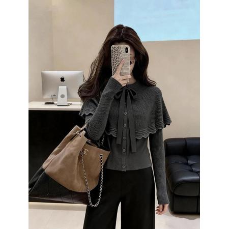 FA56397# 韩系格雷系慵懒高级感气质灰色斗篷蝴蝶结系带针织开衫毛衣女秋冬 服裝批發女裝批發服飾貨源