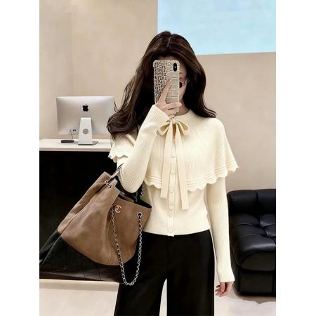 FA56397# 韩系格雷系慵懒高级感气质灰色斗篷蝴蝶结系带针织开衫毛衣女秋冬 服裝批發女裝批發服飾貨源