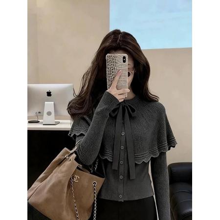 FA56397# 韩系格雷系慵懒高级感气质灰色斗篷蝴蝶结系带针织开衫毛衣女秋冬 服裝批發女裝批發服飾貨源
