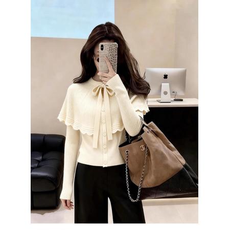 FA56397# 韩系格雷系慵懒高级感气质灰色斗篷蝴蝶结系带针织开衫毛衣女秋冬 服裝批發女裝批發服飾貨源