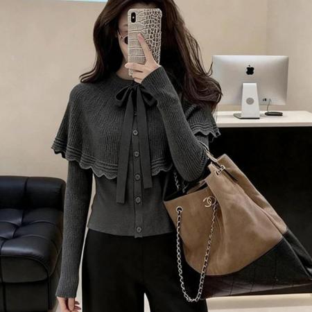 FA56397# 韩系格雷系慵懒高级感气质灰色斗篷蝴蝶结系带针织开衫毛衣女秋冬 服裝批發女裝批發服飾貨源