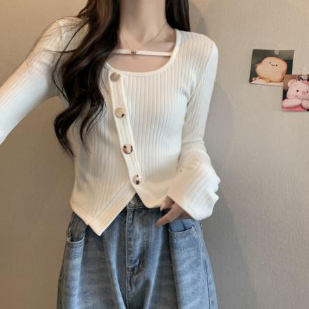 FA56402# 春季纯欲风时尚百搭开叉设计感小众短款长袖T恤女上衣休闲 服裝批發女裝批發服飾貨源