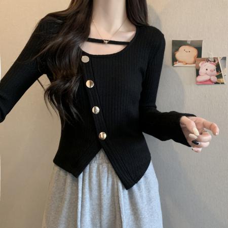 FA56402# 春季纯欲风时尚百搭开叉设计感小众短款长袖T恤女上衣休闲 服裝批發女裝批發服飾貨源