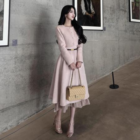 FA56404# 小香风粉色外套连衣裙套装女巨好看富家千金风高级感法式长裙 服裝批發女裝批發服飾貨源