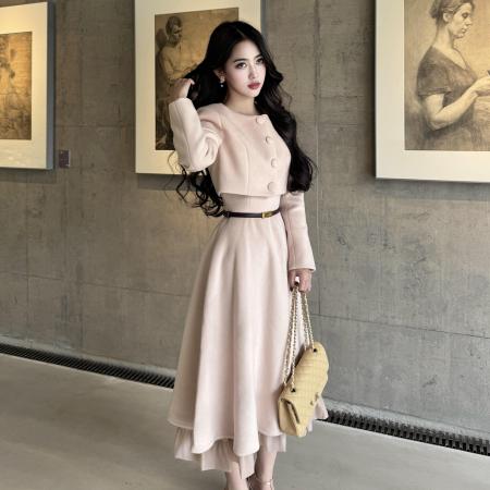 FA56404# 小香风粉色外套连衣裙套装女巨好看富家千金风高级感法式长裙 服裝批發女裝批發服飾貨源