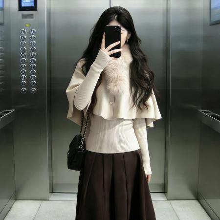 FA56405# 法式千金小香风斗篷毛衣针织连衣裙子女超火冬装一整套装长裙 服裝批發女裝批發服飾貨源