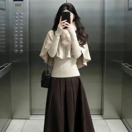 FA56405# 法式千金小香风斗篷毛衣针织连衣裙子女超火冬装一整套装长裙 服裝批發女裝批發服飾貨源