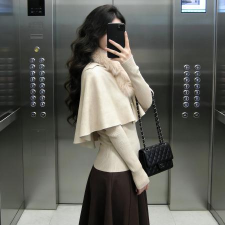 FA56405# 法式千金小香风斗篷毛衣针织连衣裙子女超火冬装一整套装长裙 服裝批發女裝批發服飾貨源