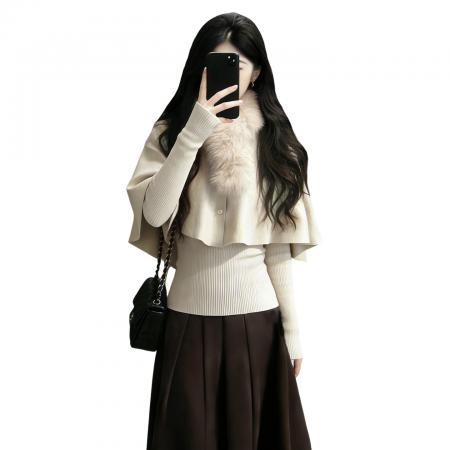 FA56405# 法式千金小香风斗篷毛衣针织连衣裙子女超火冬装一整套装长裙 服裝批發女裝批發服飾貨源