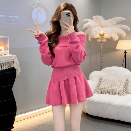 FA56408# 一字肩粉色毛衣针织连衣裙子女秋冬季新款巨好看韩系穿搭套装 服裝批發女裝批發服飾貨源